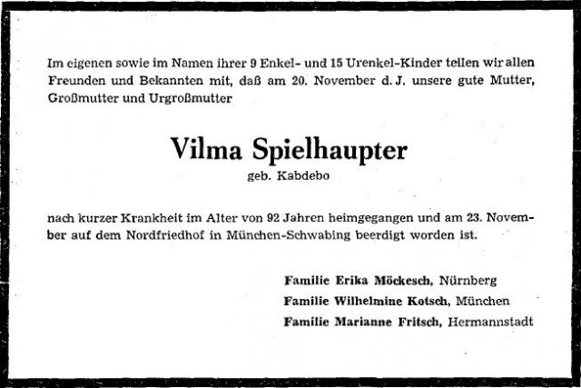 Kabdebo Wilhelmine 1975-1966 Todesanzeige